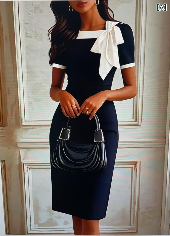 レディース ワンピース クルーネック 蝶ネクタイ コントラストカラー スリムフィット 切り替え 欧米風 ..