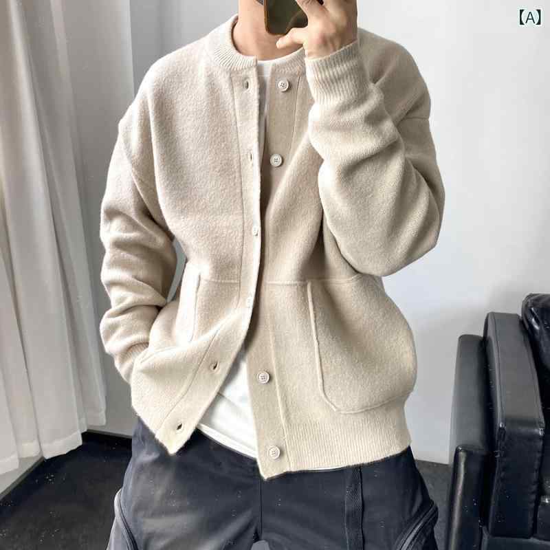 Knit Sweater - メンズ ニット セーター ウール 丸首 ジャケット シンプル フィット ビッグシルエット 厚手 高級感 春秋 通勤用 普段使い カジュアルスタイル 伸縮性 吸湿速乾 素材 風x3