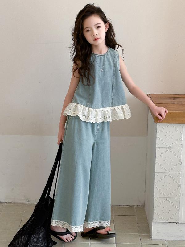 セットアップ 女の子 デニム ノースリーブ トップス ワイドパンツ 上下セット 接触冷感 吸湿速乾 綿 麻 再生繊維 カジュアル 普段使い ゆったり 着痩せ 体型カバー おしゃれ 伸縮性 高級感 シンプル きれいめ ポケット付き