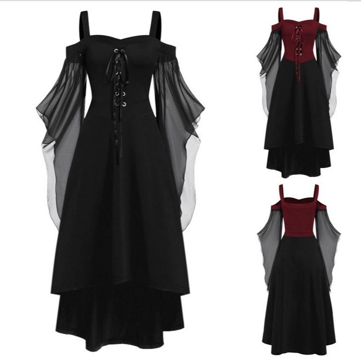 レディース ワンピース ゴシック 大フリル袖 不規則切り替え ハロウィン 魔女 ストラップバンド ブラック 秋冬 パーティー用 ロング丈