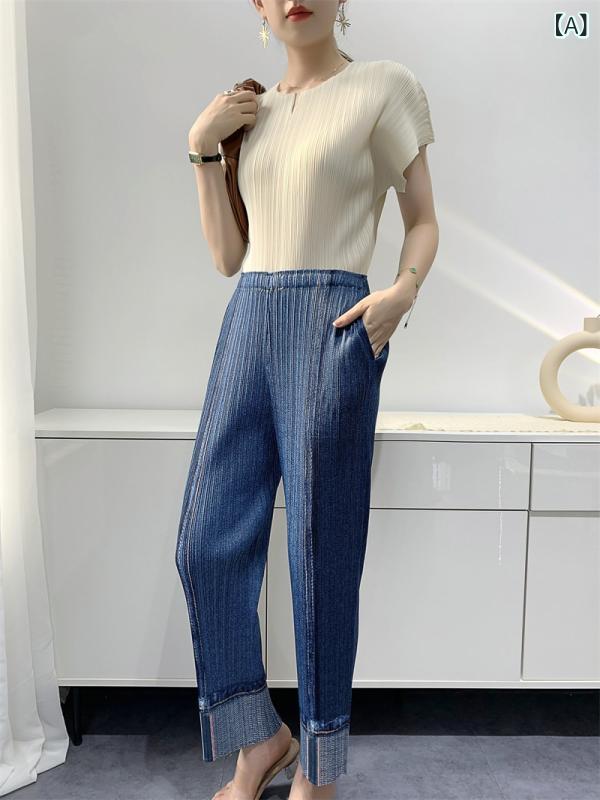 レディース プリーツ デニム ズボン プリント 春夏 カジュアル 通勤 ファッション 汎用 スタイル 伸縮..