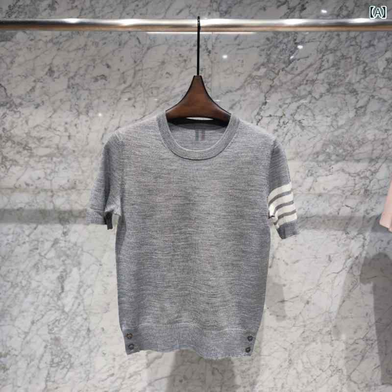 乐天商城 - レディース トップス 春夏 ニット 短袖 クルーネック 腕 4本 ライン ウール調 軽量 伸縮性 吸湿速乾 接触冷感 普段使い 通勤用