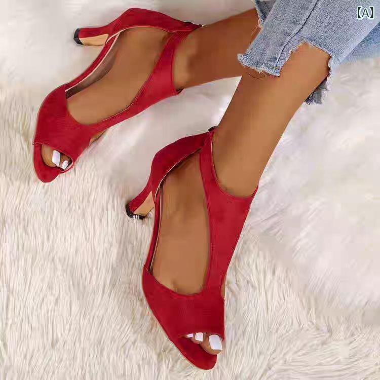 レディース サンダル ローマ風 フィッシュマウス 夏 シンプル ファッション 後ろジッパー サイドホール 細ヒール ビッグサイズ 合成皮革 普段使い オープントゥ ブラック 接触冷感