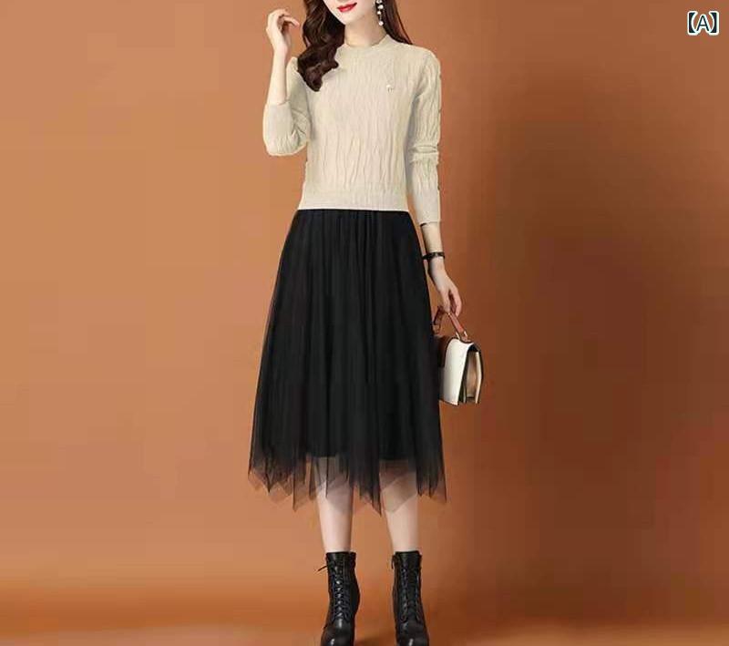 レディース 秋冬 ニット ワンピース レース付き コート インナースカート 2ピース風 伸縮性 吸湿速乾 高級感 上品 ファッション 軽量