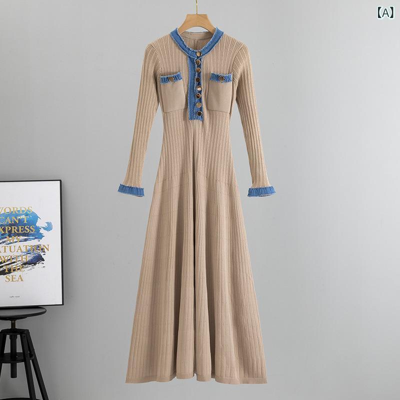 ワンピース レディース 春秋 フランス風 ロマンチック 長袖 スリムフィット 切り替え コントラストカラ..