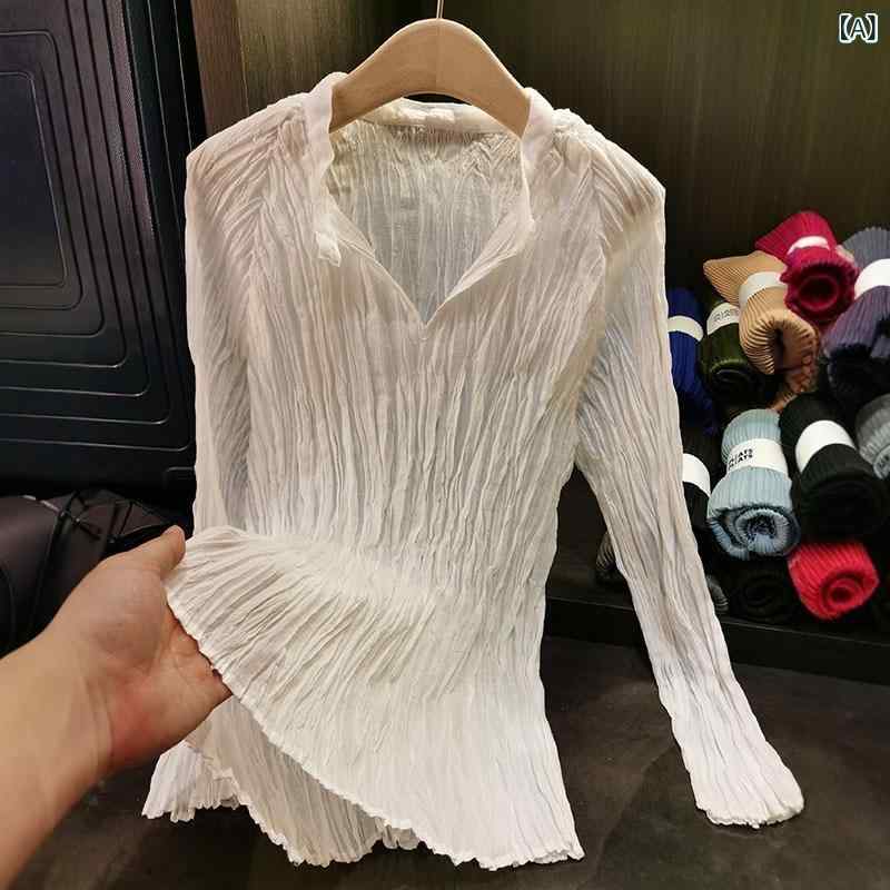 トップス レディース 長袖 Vネック プリーツ 無地 インナー 春 魅惑的 洗練 高級感 肌触り リブ 普段使い 通勤用 かわいい 軽量 伸縮性