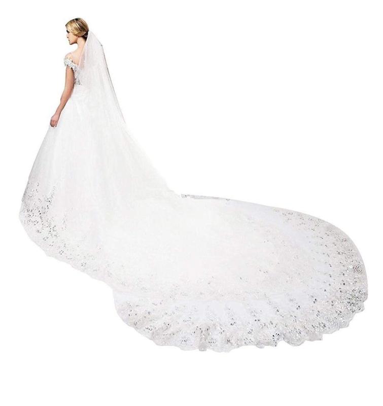 misakinoyaウエディングベール ロングベール 花嫁ベール キラキラ スパンコール縁 二段ベール コーム付き 長3mx幅3m オフホワイト