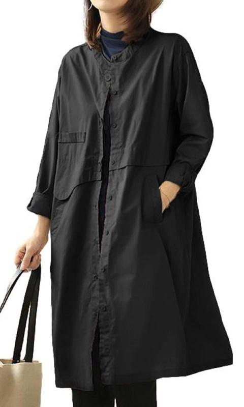 [1/2plus] レディース ノーカラー スプリングコート ギャザー デザイン 薄手 軽量 シンプル アウター 春 秋対応 M～XXL 3色展開