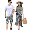 ペア水着 カップル 水着 レディース タンキニ 体型カバー ペアルック水着 サーフパンツ メンズ ハイネック バッククロス セパレート ノンワイヤー ショーツ グリーン 花柄 SISI098