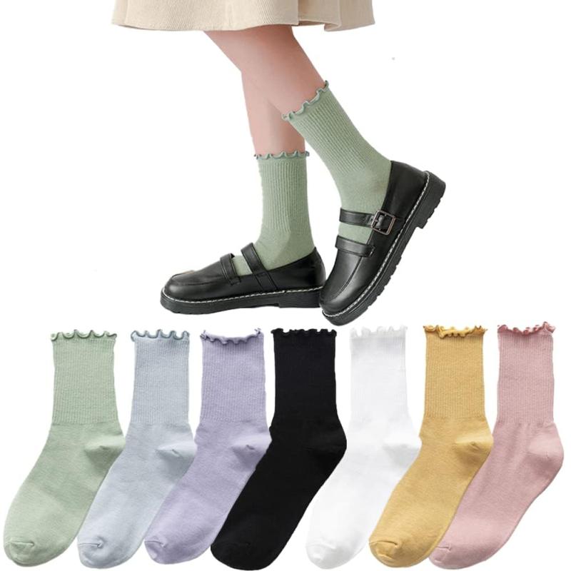 [Iwamatu] 靴下 レディース おしゃれ ソックス くつ下 女の子 クルーソックス 可愛い リンネル リネン ラミー コットン 綿 薄い 通気性 春夏 秋冬 無地 ルーズソックス JK フリル ルーズソックス
