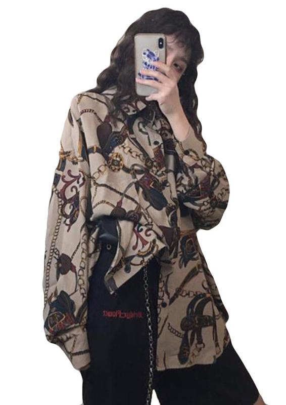 [AOZUO] レディース シャツ 長袖 ゆったり おしゃれ シフォンシャツ ブラウス 花柄 原宿風 BF風 Hip hop プリント トレロ 可愛い オーバーシャツ トップス 大きいサイズ