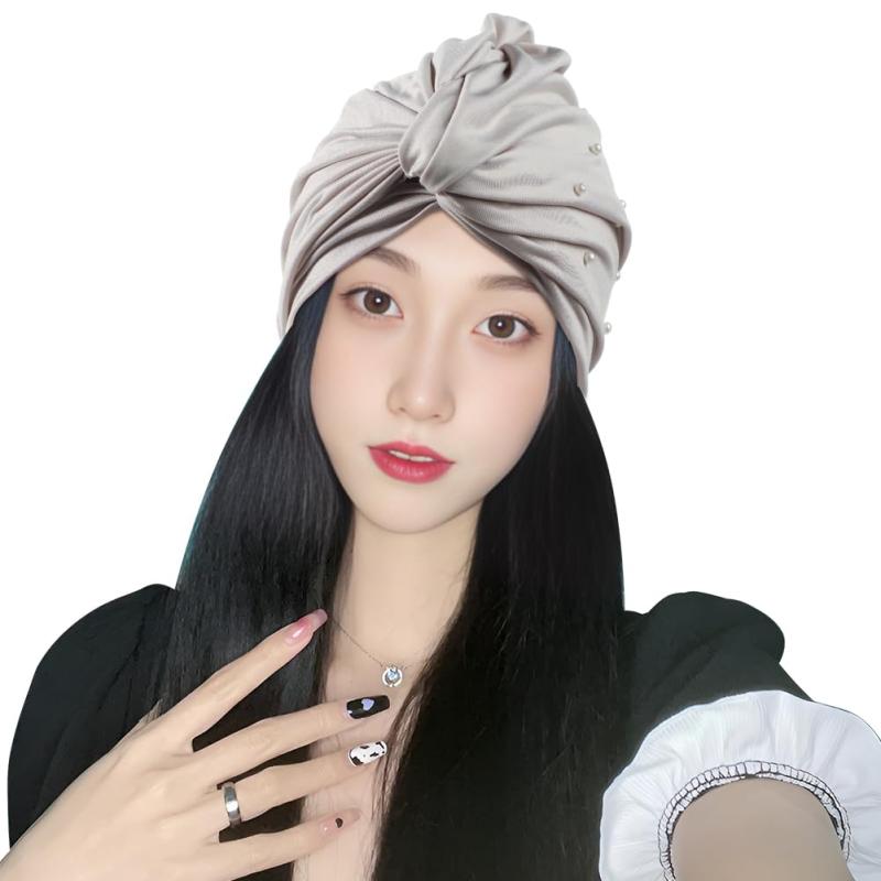 スイムキャップ ターバン風 水泳帽子 皺結び パール付き 水泳キャップ 長髪/短髪対応 ゆったり伸縮 軽..