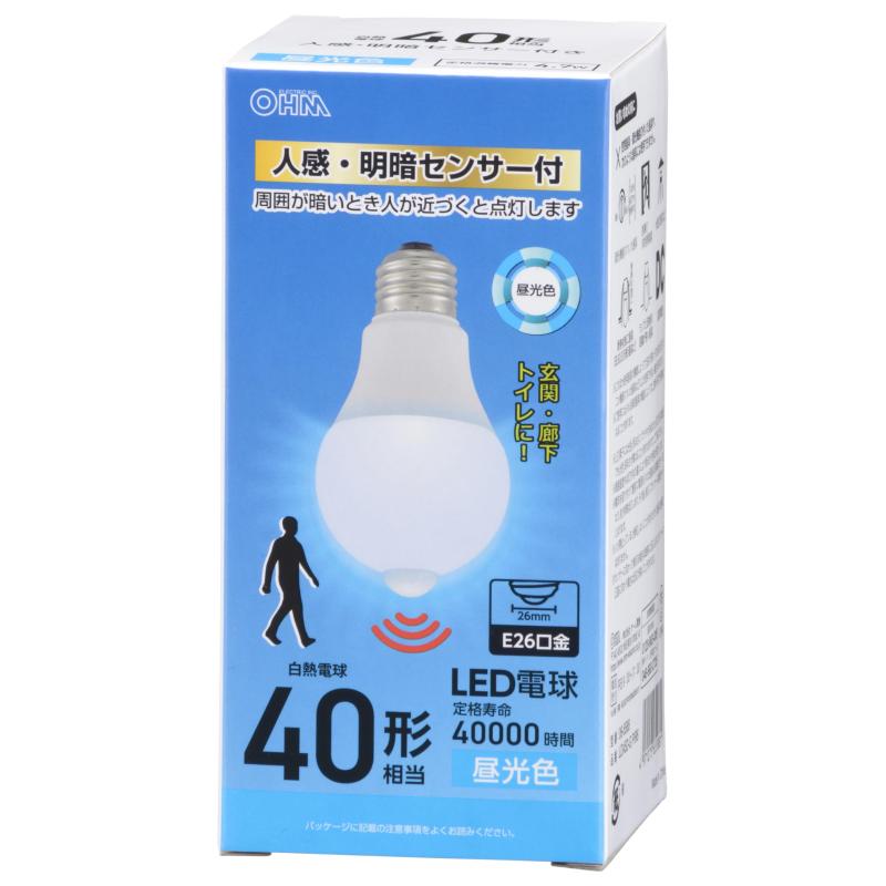 Rakuten - オーム(OHM) LED電球 E26 40形相当 人感・明暗センサー付き 電球色/昼光色 LDA-5/7-L/D-G PIR6