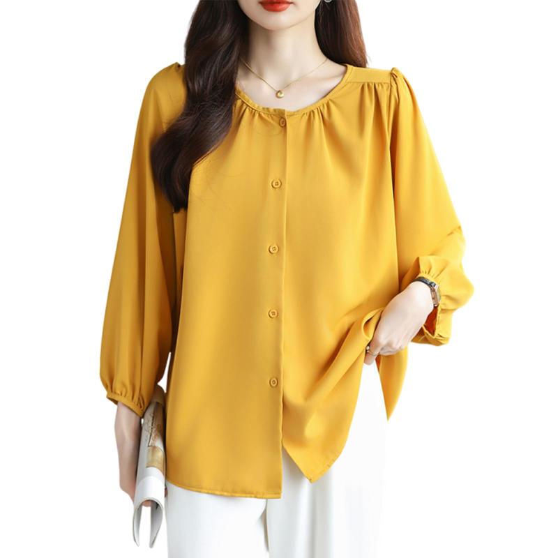 [7-livehouse] ブラウス レディース 長袖 シャツ 前開き シフォンブラウス トップス 丸首 パフスリーブ 無地 シンプル おしゃれ ゆったり 肌に優しい オフィス 通勤 春 秋 冬