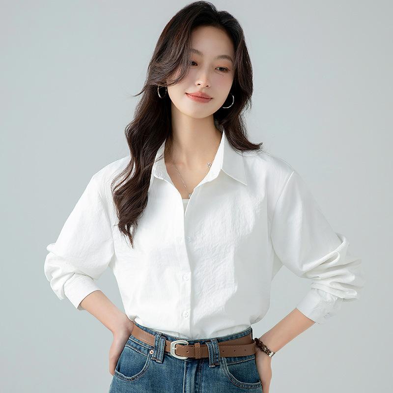 Untitled Sport - シャツ レディース 韓国 ゆったり 長袖 シンプル 通勤用 普段使い ファッション トップス 春夏秋 単色 綿 ブラック ピンク系 アイボリー