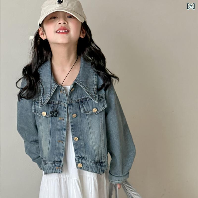 赤い 魚の 女の子 デニムの コート 2025 新型の 春の 服の 子供の 洋風の ジャケット 上着の ゆったりしている カジュアル デニムの 服(4)