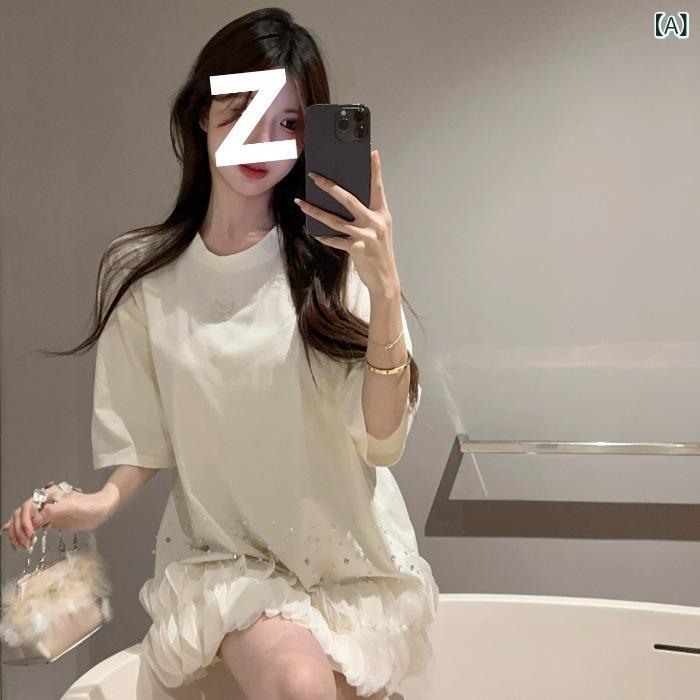 ワンピース レディース 夏 レース 切り替え クリスタル 飾り 痩せ見え 韓国 スタイル 女性らしい 普段使い 軽量