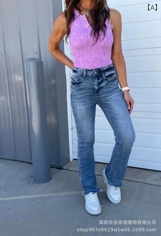 レディース デニム パンツ レトロ ファッション 普段使い 通勤用 ダブルボタン 磨損エッジ スリムフィ..