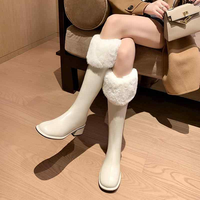 レディース ロングブーツ 牛革 保温 裏起毛 ウール ハイシャフト チャンキーヒール ファー 韓国 ファッ..