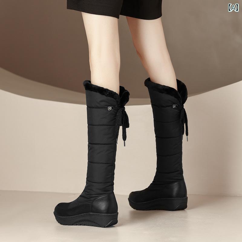 レディース ブーツ 冬 高筒 厚手 保温 防水 防滑 雪地用 アウトドア用 ファー襟 中綿入り 厚底 コットン 防寒機能 伸縮性 吸湿速乾