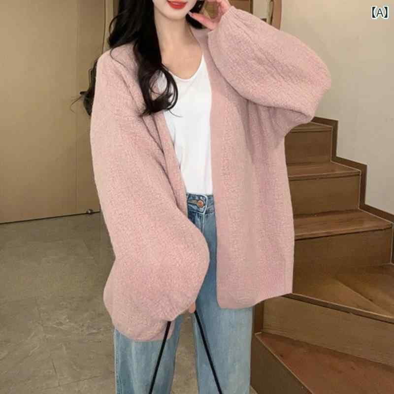 カーディガン レディース ニット 春夏 リラックス 太糸編み スタイリッシュ ランタンスリーブ ニット素..