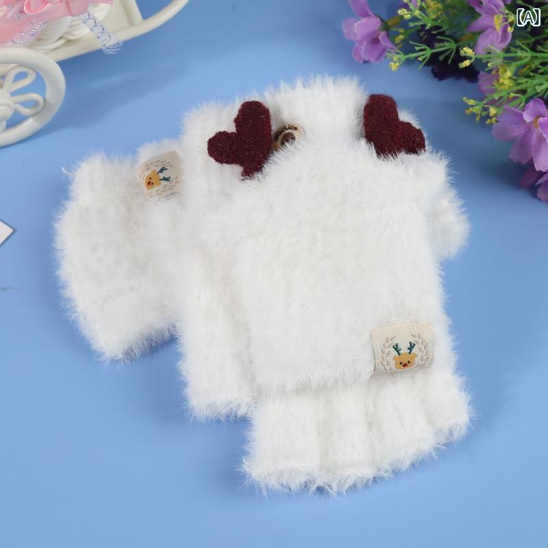 手袋 レディース 冬 半指 フリップカバー 毛糸 ニット 韓国 カートゥーン トナカイ角 サイクリング 防..