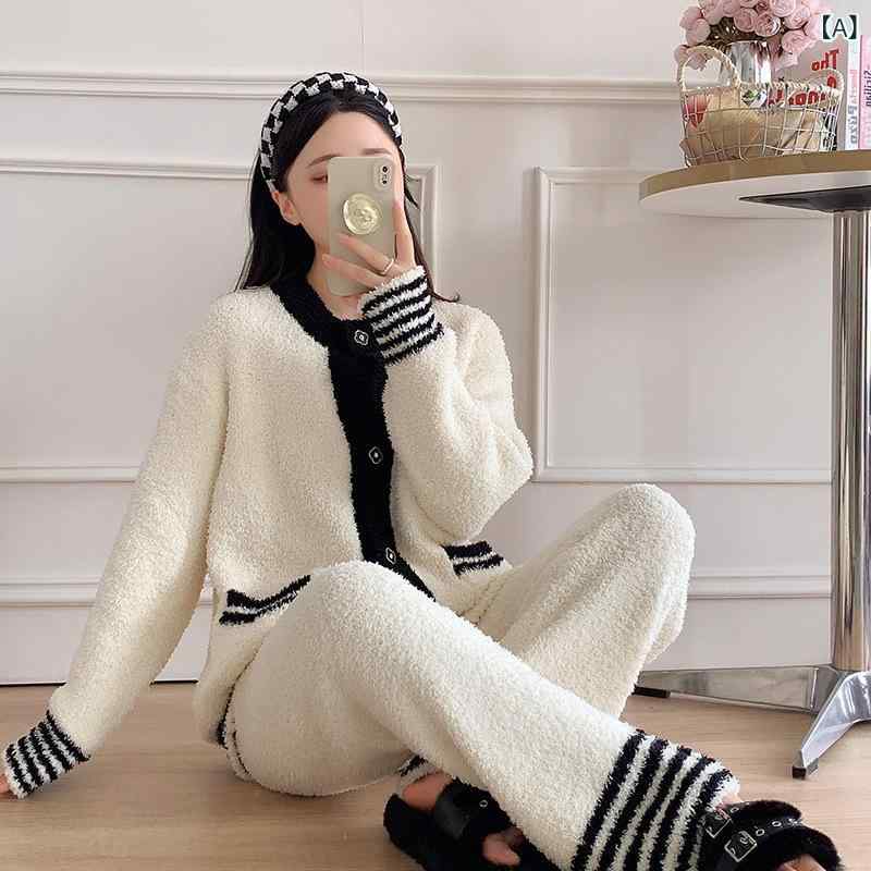 ルームウェア レディース 秋冬 コントラストカラー パイル 厚手 柔らか 2ピースセット 外出着兼用 保温..