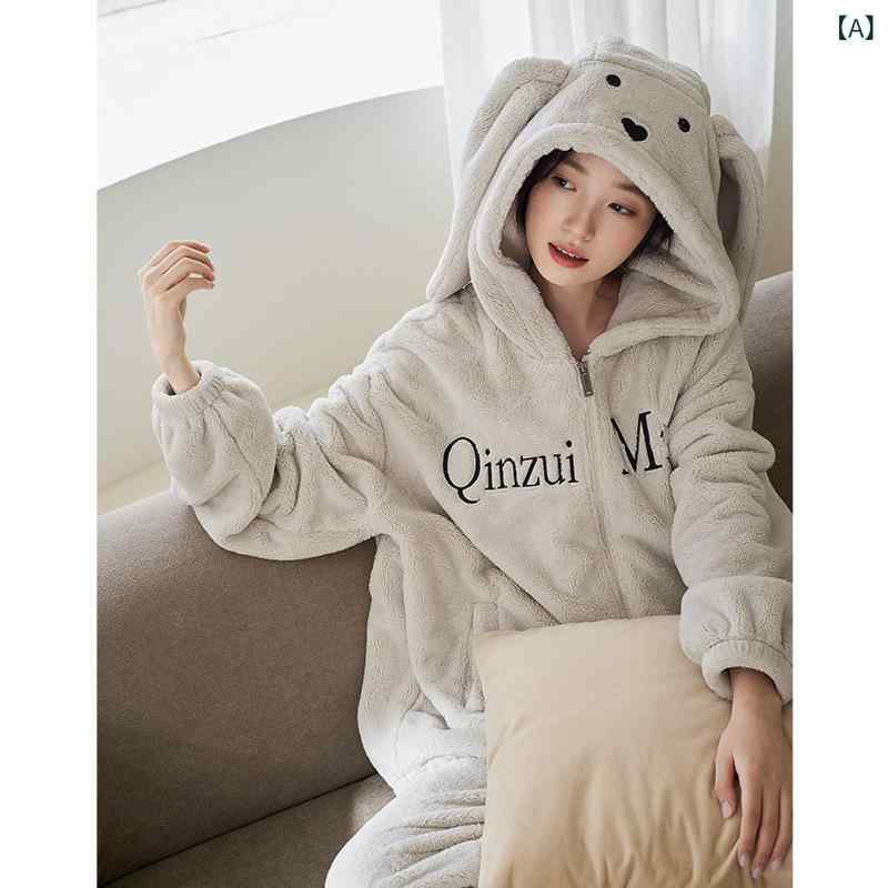 キッズ レディース パジャマ 秋冬 珊瑚絨 フリース 裏起毛 厚手 フード付き 保暖 ファッション かわいい ガーリー ルームウェア 部屋着 ナイトウェア セット 伸縮性 高級感x3