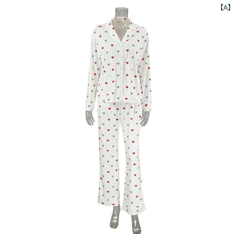 レディース パジャマ 秋 保暖 長袖 長ズボン セットアップ ニット コントラストカラー ハート柄 ピンク..