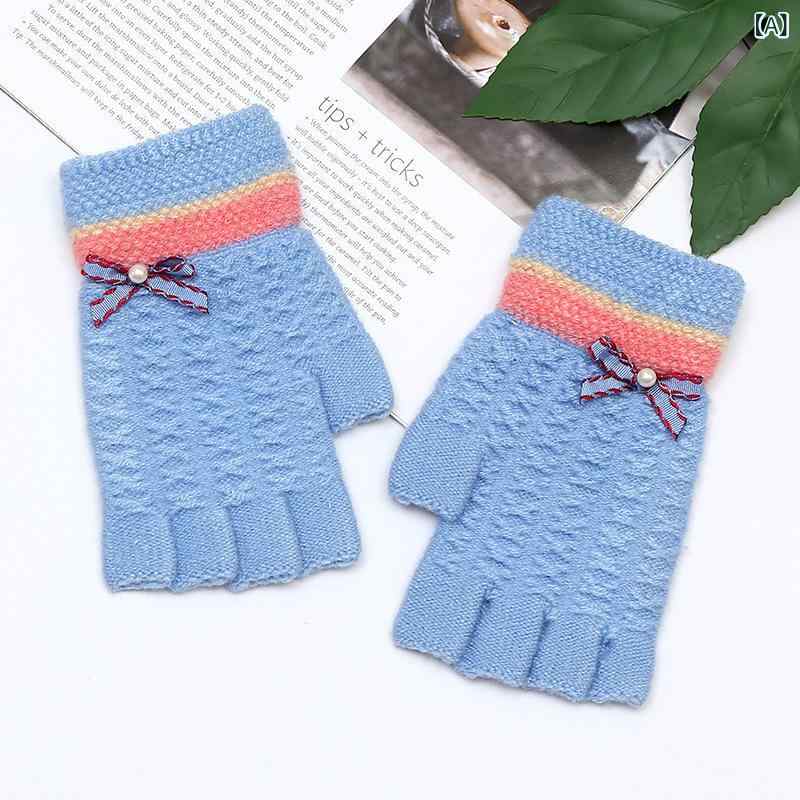 手袋 レディース 半指 保温 羊毛風 リボン 冬 通勤用 伸縮性 ブラック ピンク系 アイボリー 軽量 高級..