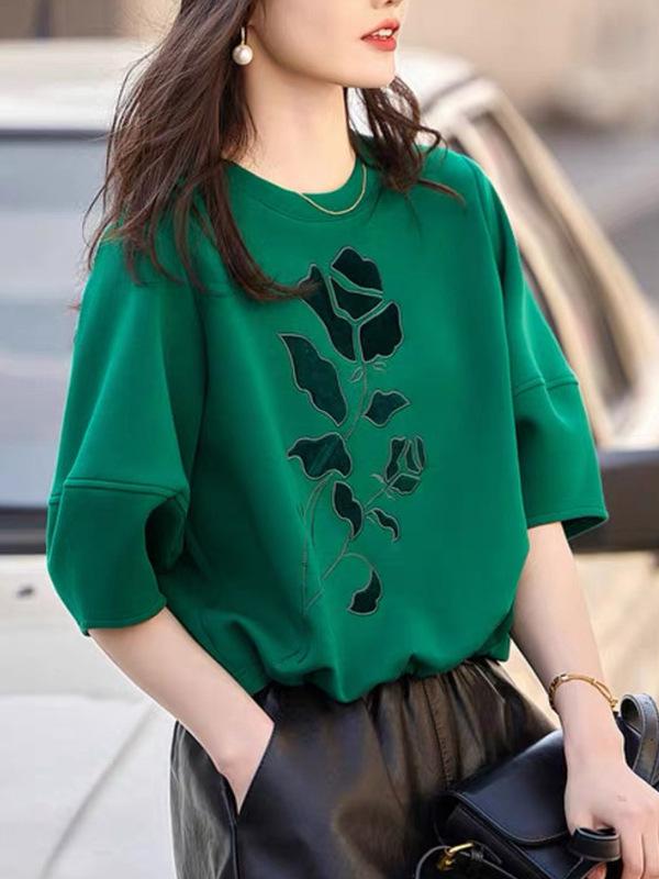 乐天商城 - 七 分 袖 スウェットシャツ 2024 春秋 韓国 刺繍 入り ゆったり 細見え 丸首 Tシャツ レディーストップス 刺繍 立体 模様