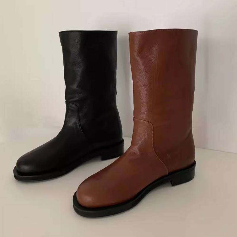 レディース ブーツ 牛革 チャンキーヒール アンクル ラウンドトゥ チェルシー 中筒 ターンナップ ツー..