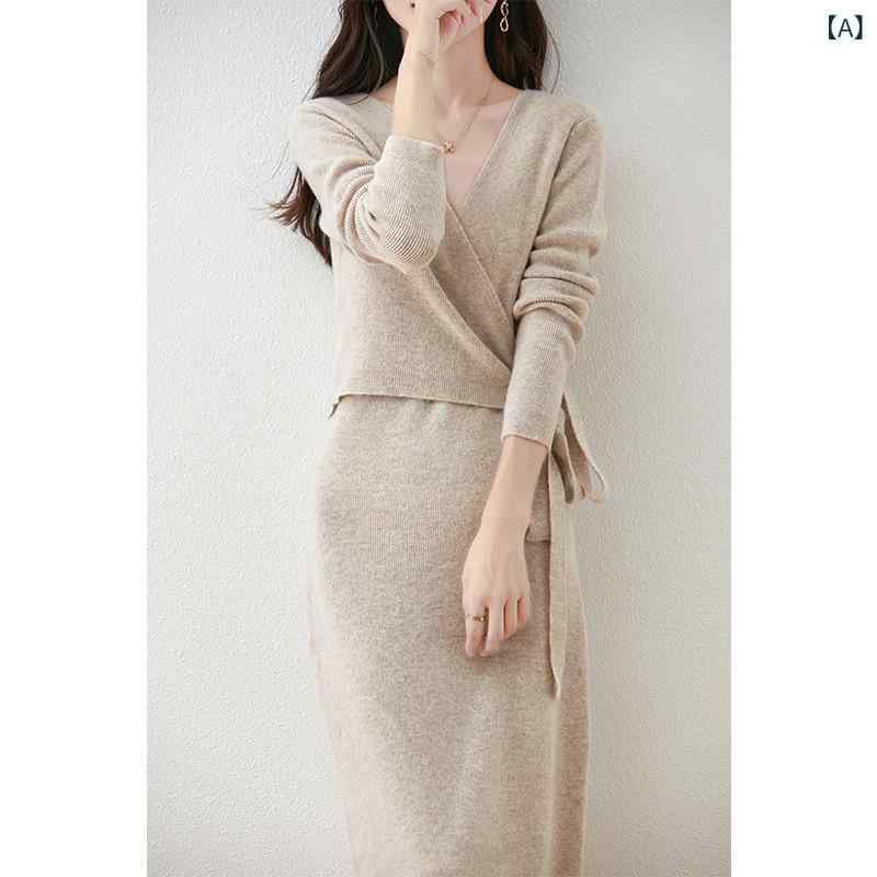 レディース ワンピース 秋冬 フレンチスタイル 長袖 Vネック 着物風クロスネック ミディアム丈 ウール 高級感 普段使い 暖かい素材