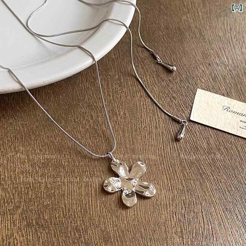 韓国 ファッション スタック シルバー プリーツフラワーロングネックレスレディースパール 鎖骨 チェー..