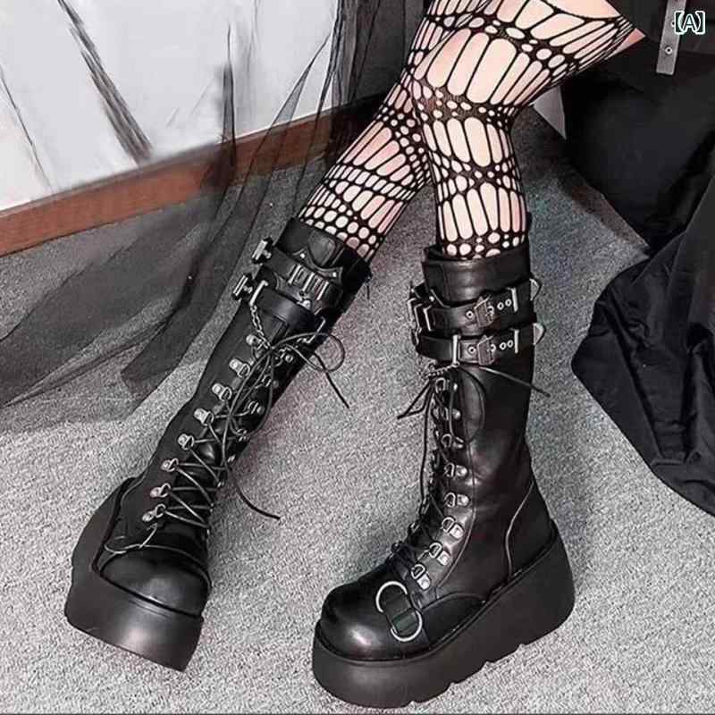 ブーツ レディース パンクスタイル プラットフォーム ウェッジヒール ミッド レザー バックル付き ポップ 厚底