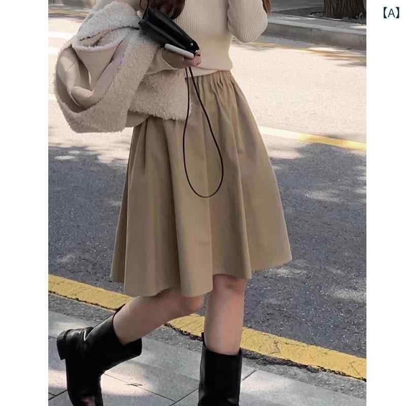 スカート レディース ハイウエスト Aライン プリーツ ミディスカート 伸縮性 ウエスト 秋冬 普段使い 綿混紡 ビッグシルエット アイボリー ピンク系・カテゴリ: スカート・スタイル: 韓系カジュアル・主な素材: 綿95%以上・スカートタ...