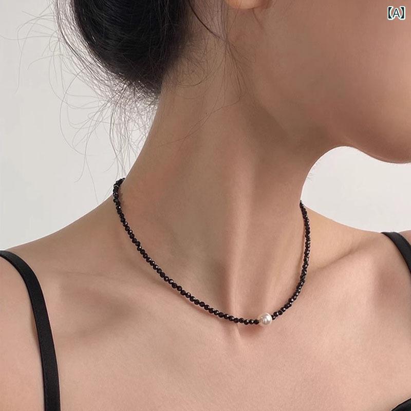 ネックレス レディース ブラック クリスタル パール 輝く 色落ちしない 高級感 ライトラグジュアリー ..