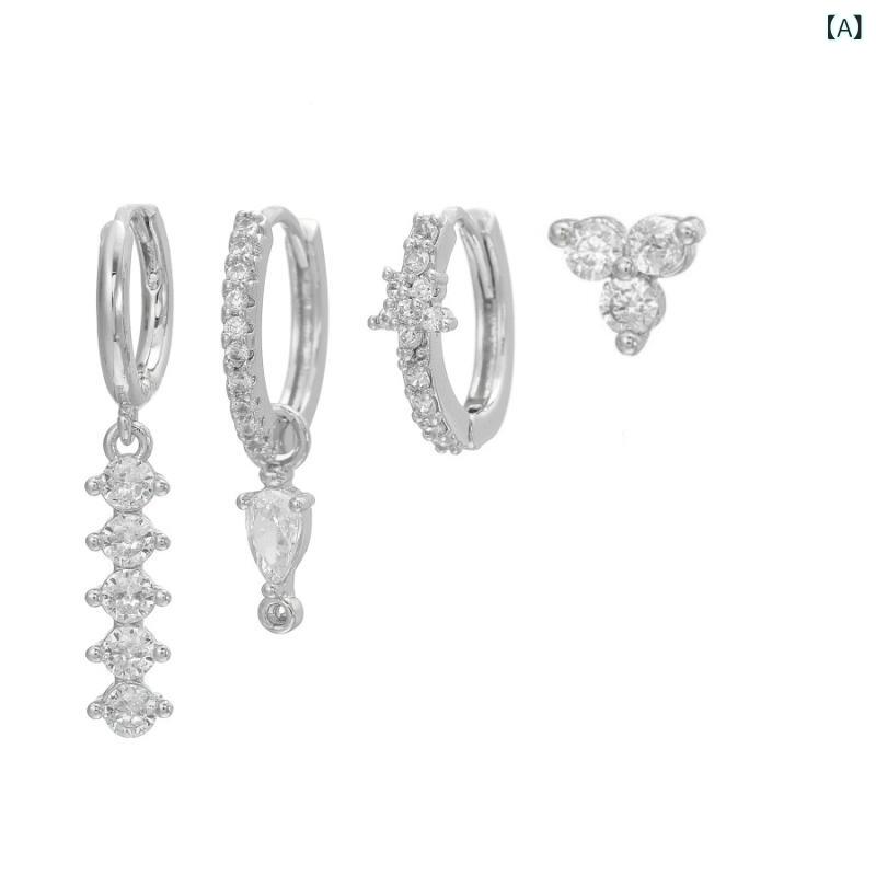 レディース イヤリング 三つ葉クローバー 水滴型 ジルコニア付き 4点セット 幸運のシンボル 普段使い 高級感 かわいい