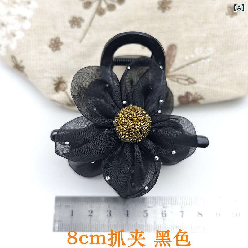 ヘアクリップ レディース 高馬尾用 後頭部 網紗 水晶 花 装飾 高級感 伸縮性 軽量 8cm