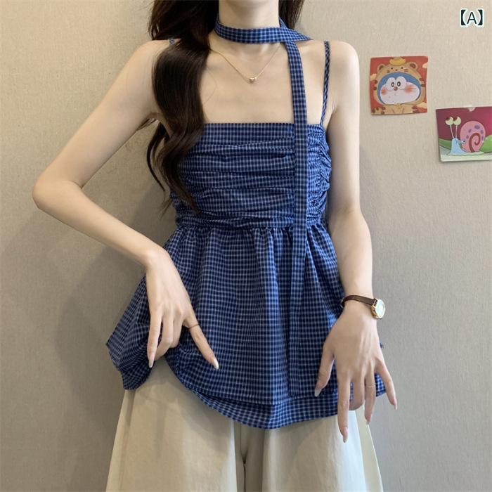 トップス レディース 夏 チェック柄 ストラップ ベスト ブルー ウエストシェイプ スリムシルエット ノースリーブ ベビードール 軽量 綿素材 カジュアル
