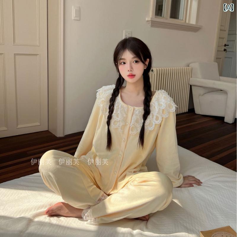 Room Wear - パジャマ レディース 春秋 ベージュ 厚手 海島綿 韓国 かわいい プリンセス風 保温 レース フリル 部屋着 綿素材 吸湿速乾