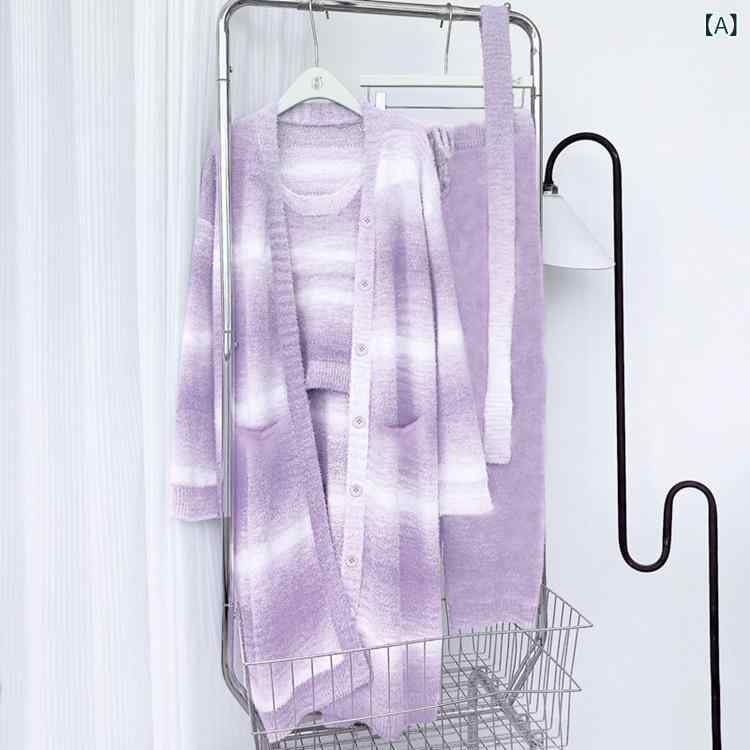 レディース ホームウェア 秋冬 3点セット 保温 厚手 ニット ふわふわ 毛糸 グラデーション レインボー..