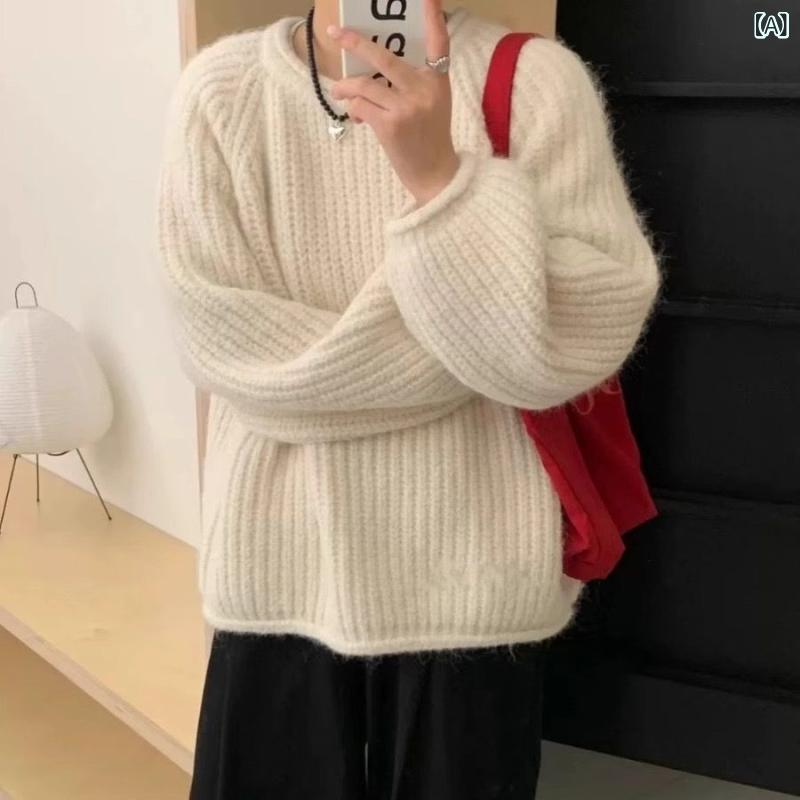 ニットセーター レディース 厚手 ラウンドネック プルオーバー ウール素材 温かい 秋冬 韓国 シック トップス 普段使い 伸縮性 高級感 ビッグシルエット