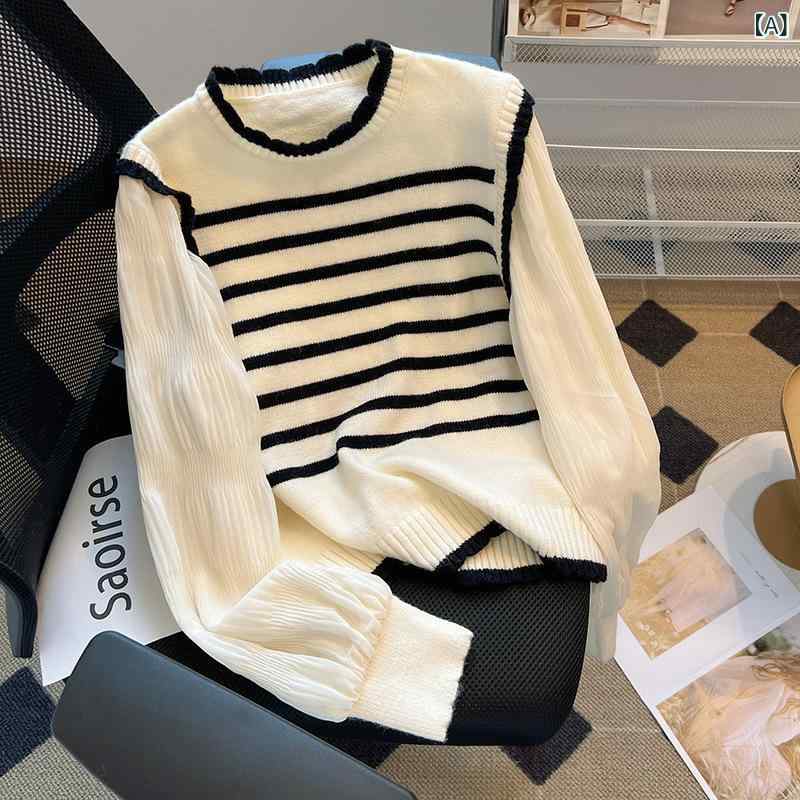 セーター レディース フレンチスタイル 切り替え ストライプ レイヤード風 ニット 若見え バルーン袖 伸縮性 軽量 綿混紡 春夏