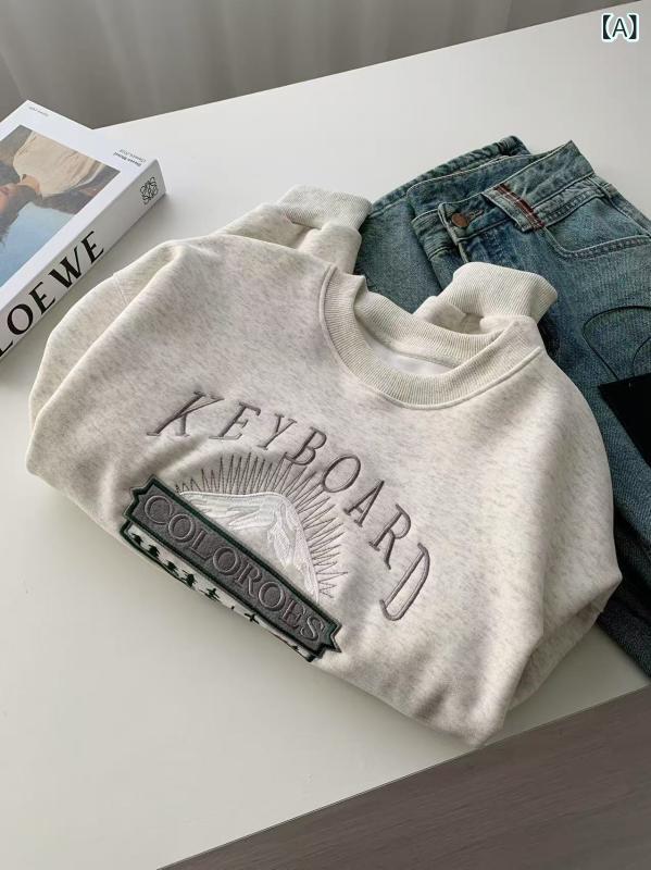 スウェットシャツ レディース アルファベット刺繍 クルーネック プルオーバー ビッグシルエット ラフ アウター トップス 普段使い 軽量 伸縮性 コートx2