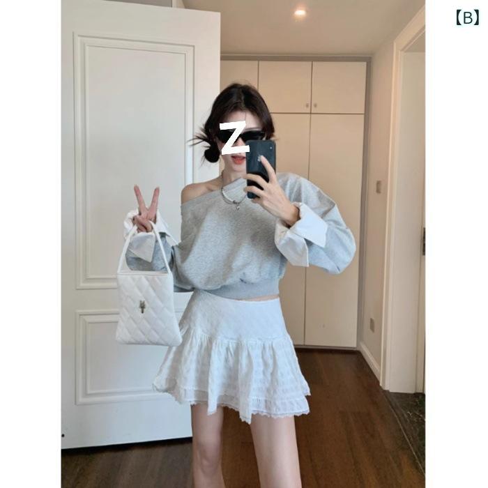 フーディー レディース 韓国スタイル リラックス スウェット トップス オフショルダー 切り替え ビッグシルエット 高級感 ブラック 秋冬 普段使い