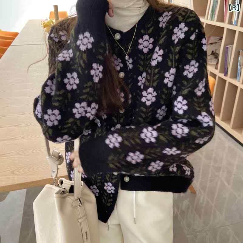 ニットカーディガン 女性用 秋冬 小花柄 復古風 ゆったり 優しい風 ファッション ウール セーター 普段使い 高級感 伸縮性 ピンク系 アイボリーx2 2