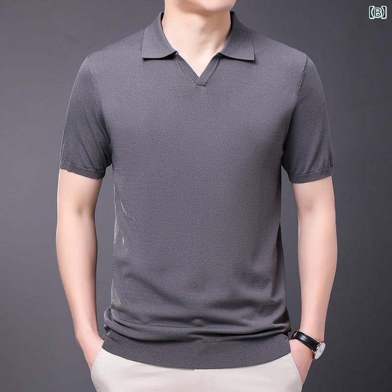 メンズニットウェア 夏 無地 半袖 Tシャツ 薄手 Vネックファッションシャツ 韓国 半袖 スウェットシャツ