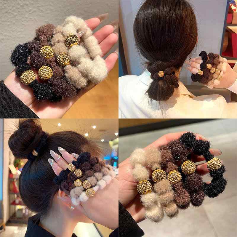 ヘアバンド ヘアタイ モヘア ファー 高伸縮 軽量 高級感 水晶 ポニーテール 普段使い レザーコード か..