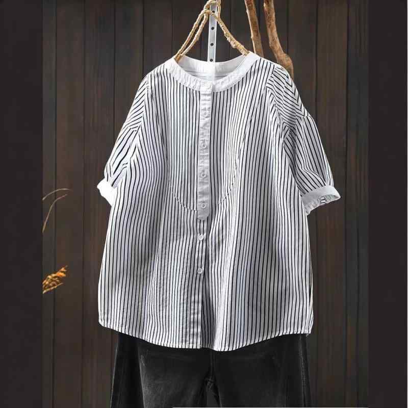 レディース シャツ 夏 コットン ストライプ 半袖 スタンドカラー ビッグシルエット 痩せ見え カジュアル 普段使い 吸湿速乾 軽量・カテゴリ: シャツ・スタイル: 基本・主な素材: 綿70%-80%・ネックライン: フライフロント・袖丈: 長袖・シルエット: ワイド・サイズ展開: フリーサイズ・適用年齢: 成人・適用性別: 女性・スタイルタイプ: 文艺复古・: 中国風